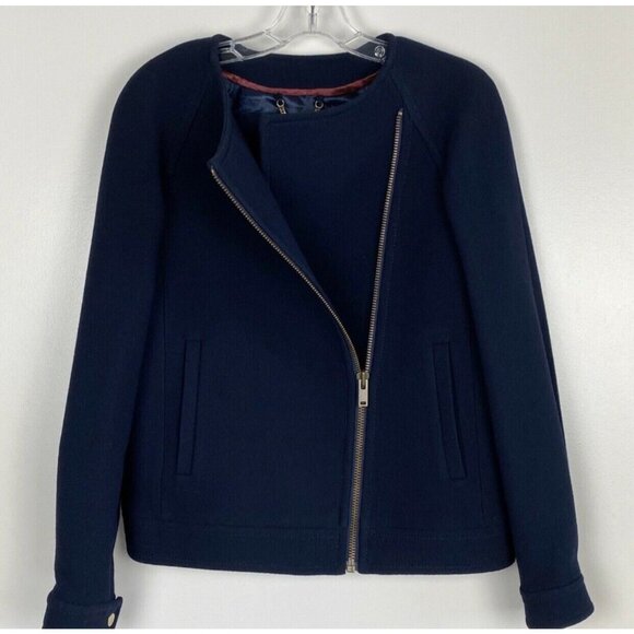 J Crew /  navy  Double Cloth Moto Motorcycle Wool Jacket Womens 4 Asymmetric Zip - Picture 1 of 5